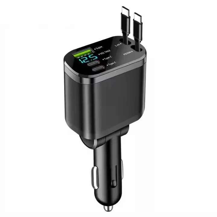Bluejw 65W Retractable Cable Car Charger, 5 Port 4-in-1 Fast Charging Automobile Adapter with Voltage Display for iPhone/Samsung - Image 1